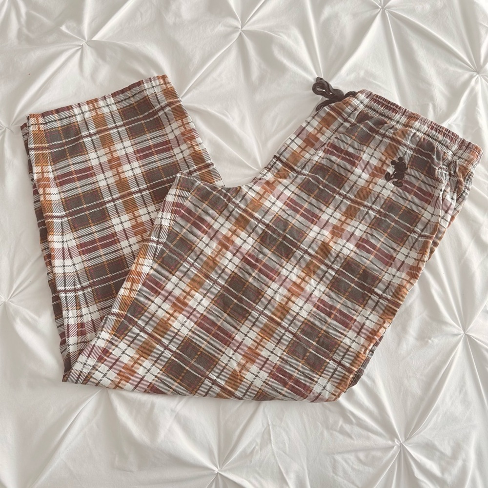 Disney Parks Mickey Mouse Plaid 100% Cotton Pajama Lounge Pants Brown Men XL EUC